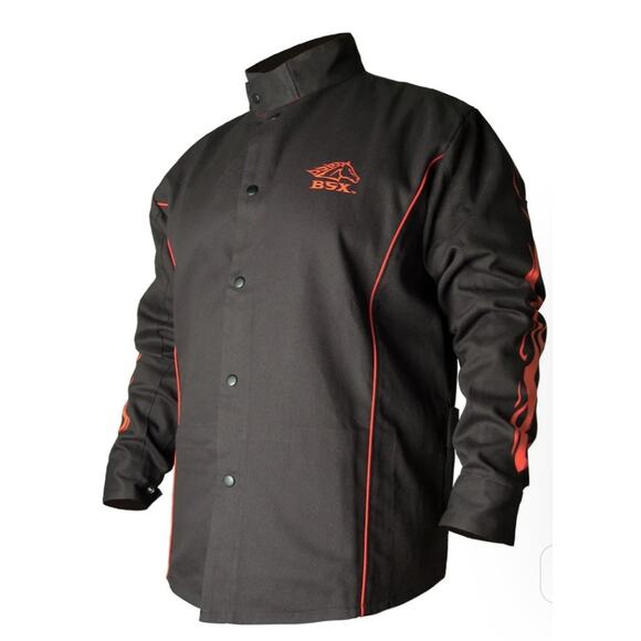 BSX Black Stallion Extreme 9oz Black w/Red Flames FR Cotton Welding Jacket BX9C - Picture 1 of 4